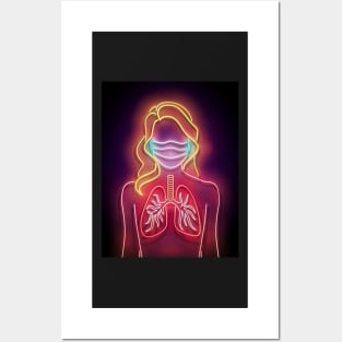 Glow Female Silhouette with Healthy Lungs and Face Mask Protective Posters and Art